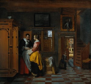 Interior with women beside a linen chest